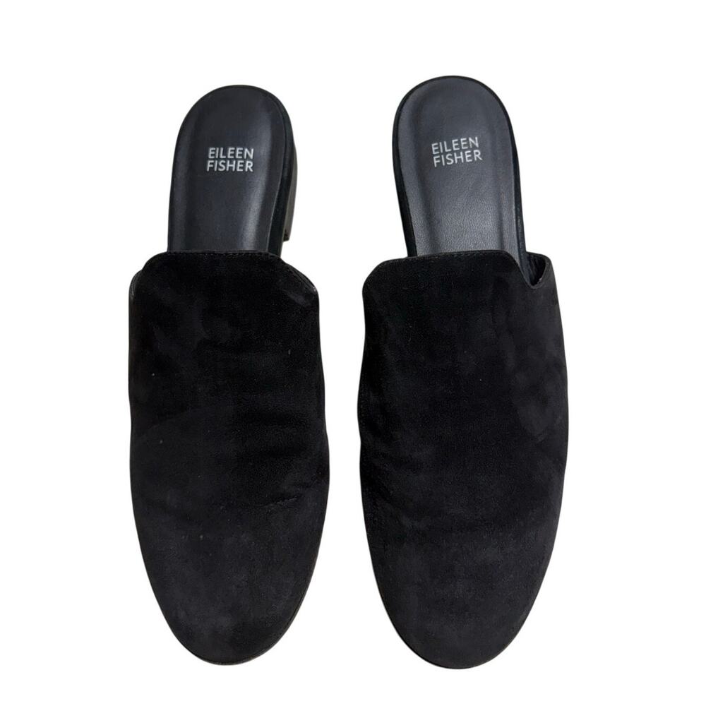 Eileen Fisher Dion Black Suede Mules Almond Toe Women's Size 10 Slip-On